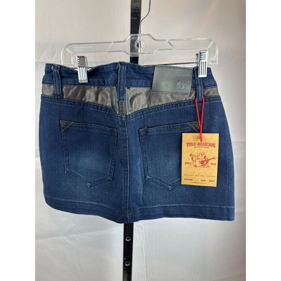 True Religion Womens Denim Mini Skirt Size 26 With Leather Trim NWT Made In USA - Picture 4 of 6